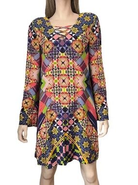 eci New York Mosaic Shift Dress Floral Geometric Pattern Print 100% Rayon Lined